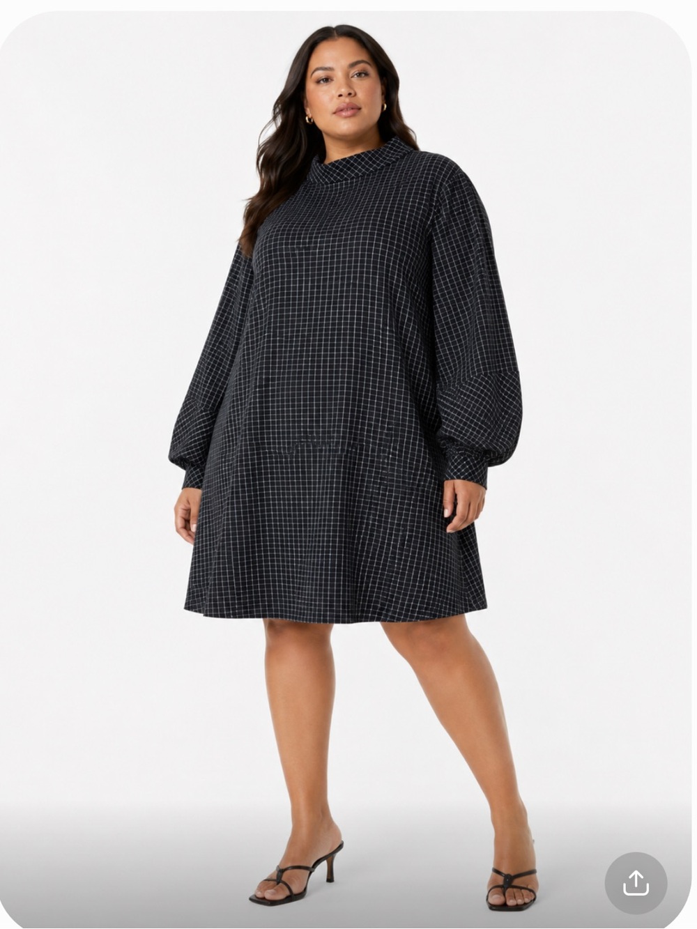 HALOGEN Black Grid Shift Dress with Balloon Sleeves